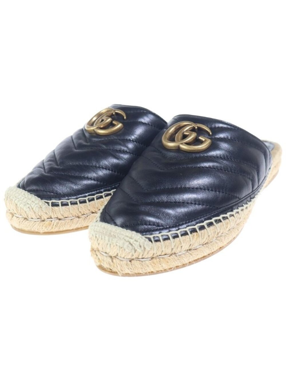 Gucci GG Marmont Espadrilles Lambskin Leather Flat Sandals Shoes Mules Black